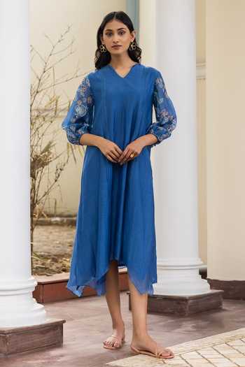 Buy Blue Muslin, Cotton Embroidery V-neck Printed And Puff Sleeve Dress For  Women by Vaayu Online at Aza Fashions.