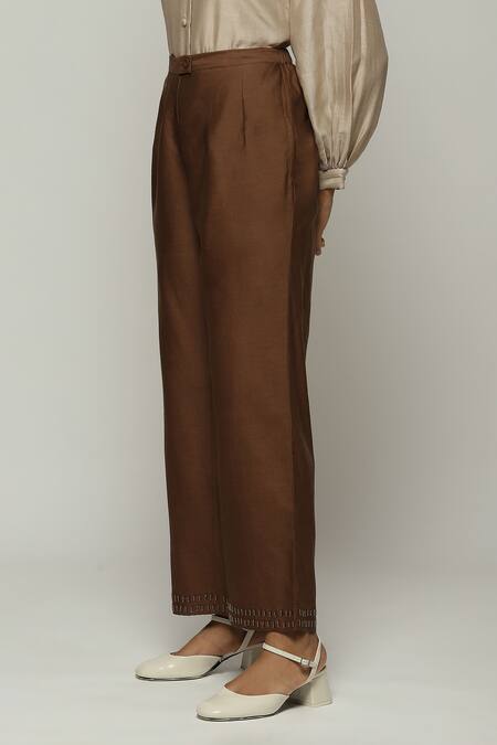 Abraham And Thakore_Brown Chanderi Beads Dash Embellished Trouser_Online_at_Aza_Fashions