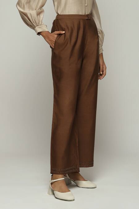 Buy_Abraham And Thakore_Brown Chanderi Beads Dash Embellished Trouser_Online_at_Aza_Fashions