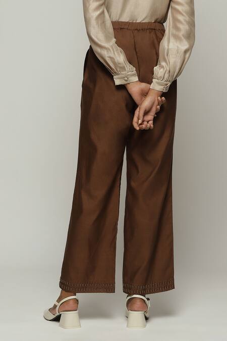 Shop_Abraham And Thakore_Brown Chanderi Beads Dash Embellished Trouser_Online_at_Aza_Fashions