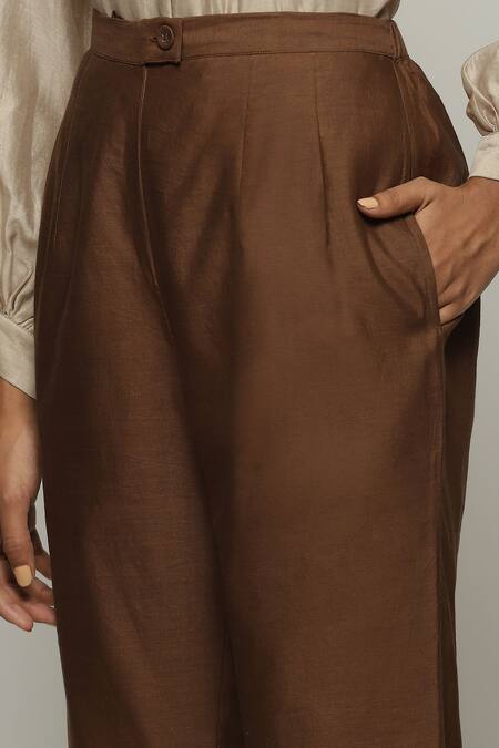 Abraham And Thakore_Brown Chanderi Beads Dash Embellished Trouser_at_Aza_Fashions