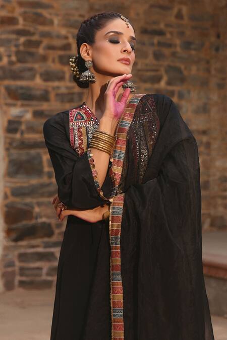Bairaas_Black Crepe, Organza, Cotton Mastani Embellished Straight Kurta Palazzo Set_Online_at_Aza_Fashions