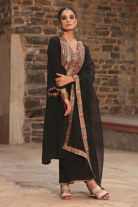 Buy_Bairaas_Black Crepe, Organza, Cotton Mastani Embellished Straight Kurta Palazzo Set_Online_at_Aza_Fashions