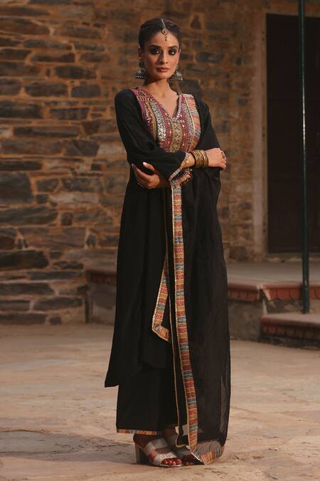 Shop_Bairaas_Black Crepe, Organza, Cotton Mastani Embellished Straight Kurta Palazzo Set_Online_at_Aza_Fashions