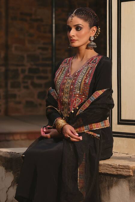 Bairaas_Black Crepe, Organza, Cotton Mastani Embellished Straight Kurta Palazzo Set_at_Aza_Fashions