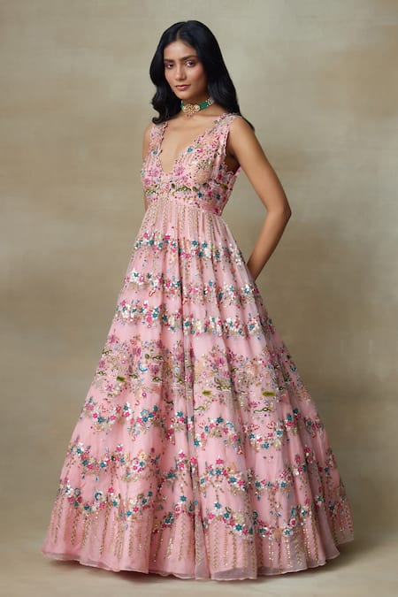 SHASHA GABA_Pink Silk Organza, Canvas Embroidery, Sequins, Beads Plunge Lotus Resham Gown _Online_at_Aza_Fashions