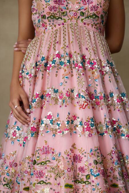 Buy_SHASHA GABA_Pink Silk Organza, Canvas Embroidery, Sequins, Beads Plunge Lotus Resham Gown _Online_at_Aza_Fashions