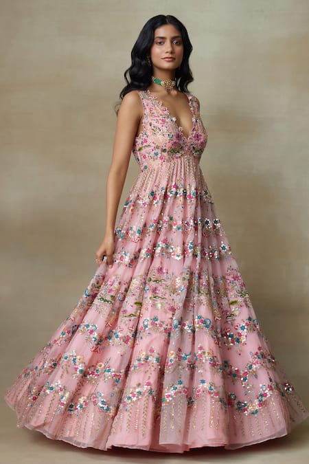 SHASHA GABA_Pink Silk Organza, Canvas Embroidery, Sequins, Beads Plunge Lotus Resham Gown _at_Aza_Fashions