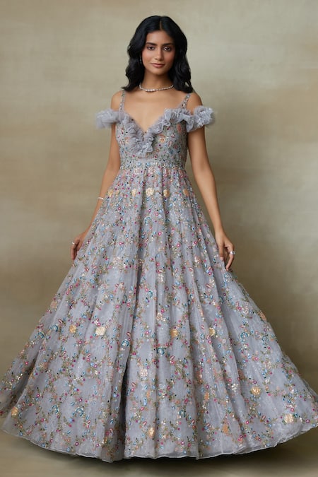 SHASHA GABA Floral Blossom Embroidered Gown 