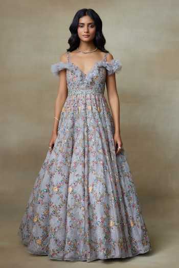 Shop SHASHA GABA Grey Net, Silk Organza Embroidery, Sequins Plunge Neck Floral Blossom Gown Online at Aza Fashions Shop_SHASHA GABA_Grey Net, Silk Organza Embroidery, Sequins Plunge Neck Floral Blossom Gown _Online_at_Aza_Fashions