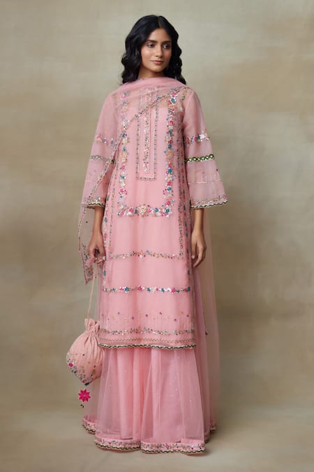 SHASHA GABA Lotus Floral Embroidered Kurta Skirt Set 