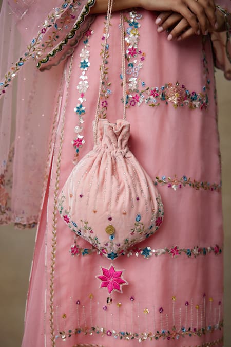 Buy_SHASHA GABA_Pink Cotton, Silk Organza, Muslin Embroidery, Lotus Floral Kurta Skirt Set _Online_at_Aza_Fashions