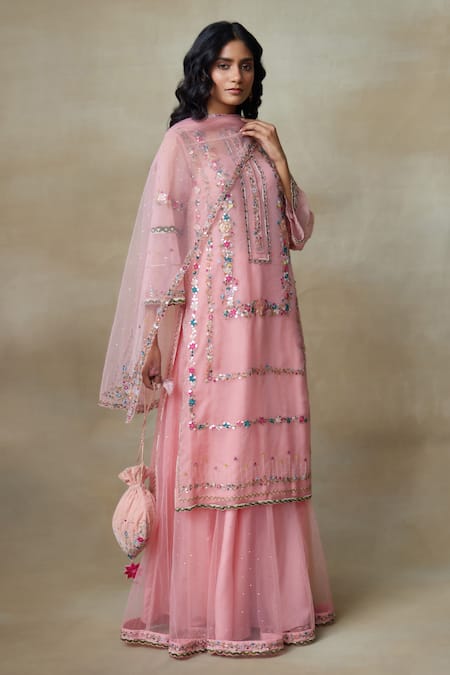 Shop_SHASHA GABA_Pink Cotton, Silk Organza, Muslin Embroidery, Lotus Floral Kurta Skirt Set _Online_at_Aza_Fashions