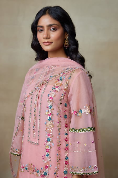SHASHA GABA_Pink Cotton, Silk Organza, Muslin Embroidery, Lotus Floral Kurta Skirt Set _at_Aza_Fashions