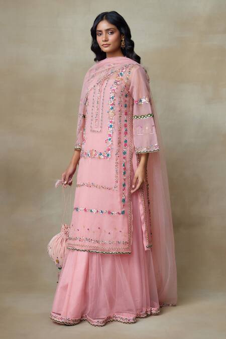 Buy_SHASHA GABA_Pink Cotton, Silk Organza, Muslin Embroidery, Lotus Floral Kurta Skirt Set 