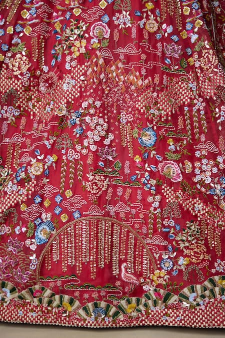 Buy_SHASHA GABA_Red Organza, Chanderi Floral Zardozi Embroidered Bridal Lehenga Set _Online_at_Aza_Fashions