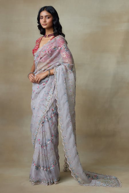 SHASHA GABA_Grey Silk Organza, Chanderi Silk, Resham Scallop Border Saree With Blouse _Online_at_Aza_Fashions