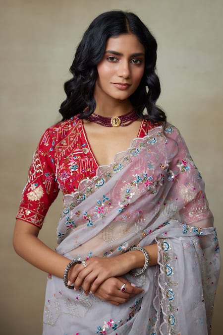 Buy_SHASHA GABA_Grey Silk Organza, Chanderi Silk, Resham Scallop Border Saree With Blouse _Online_at_Aza_Fashions