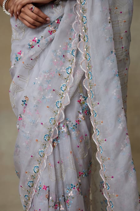 Shop_SHASHA GABA_Grey Silk Organza, Chanderi Silk, Resham Scallop Border Saree With Blouse _Online_at_Aza_Fashions