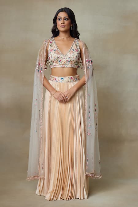 SHASHA GABA Floral Blossom Embroidered Sheer Cape Skirt Set 