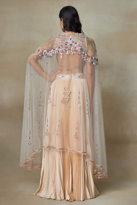 SHASHA GABA Floral Blossom Embroidered Sheer Cape Skirt Set