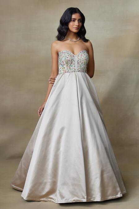 Buy_SHASHA GABA_Grey Net, Satin Beads, Sequins Sweetheart Neck Swarovski Embellished Ball Gown _Online_at_Aza_Fashions