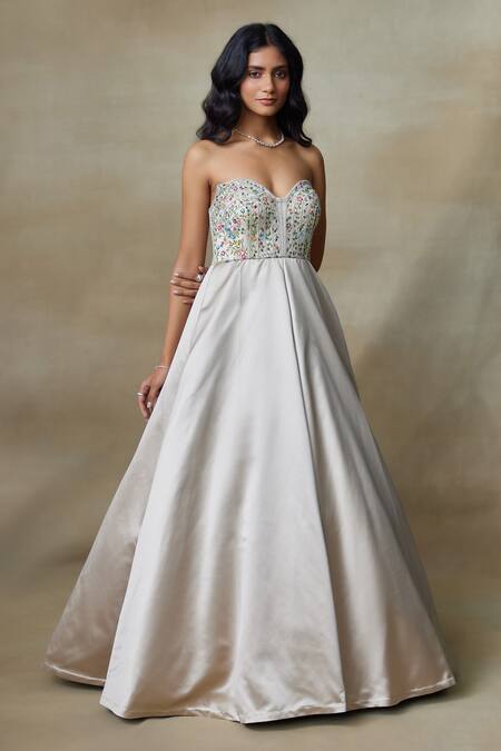 Shop_SHASHA GABA_Grey Net, Satin Beads, Sequins Sweetheart Neck Swarovski Embellished Ball Gown _Online_at_Aza_Fashions