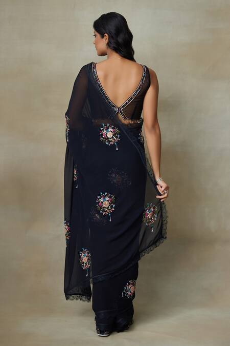 Shop SHASHA GABA Black Georgette, Silk Organza Embroidery, Floral Cluster Saree With Blouse at Aza Fashions Shop_SHASHA GABA_Black Georgette, Silk Organza Embroidery, Floral Cluster Saree With Blouse _at_Aza_Fashions
