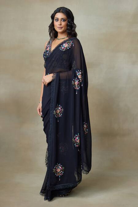 SHASHA GABA Black Georgette, Silk Organza Embroidery, Floral Cluster Saree With Blouse Online at Aza Fashions SHASHA GABA_Black Georgette, Silk Organza Embroidery, Floral Cluster Saree With Blouse _Online_at_Aza_Fashions