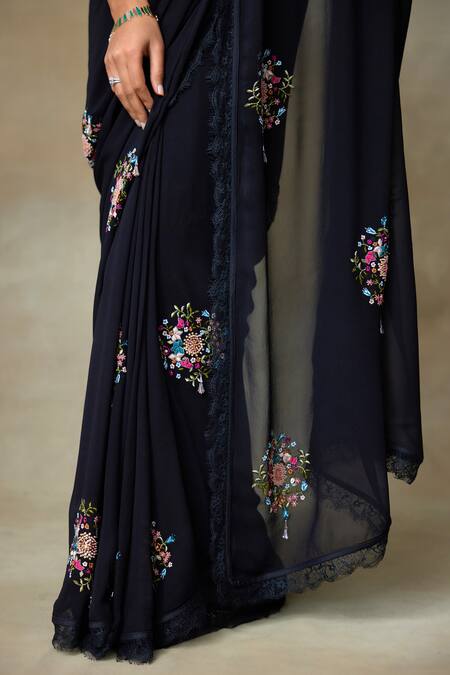 Buy SHASHA GABA Black Georgette, Silk Organza Embroidery, Floral Cluster Saree With Blouse Online at Aza Fashions Buy_SHASHA GABA_Black Georgette, Silk Organza Embroidery, Floral Cluster Saree With Blouse _Online_at_Aza_Fashions