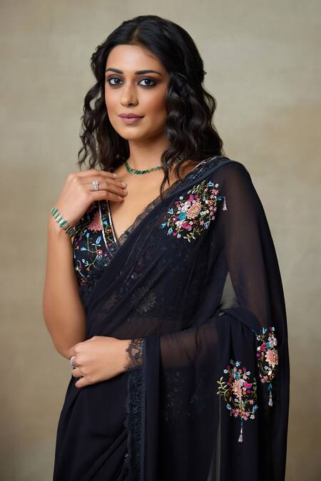 Shop SHASHA GABA Black Georgette, Silk Organza Embroidery, Floral Cluster Saree With Blouse Online at Aza Fashions Shop_SHASHA GABA_Black Georgette, Silk Organza Embroidery, Floral Cluster Saree With Blouse _Online_at_Aza_Fashions