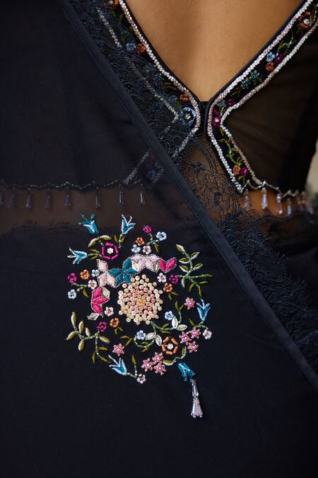 SHASHA GABA Black Georgette, Silk Organza Embroidery, Floral Cluster Saree With Blouse at Aza Fashions SHASHA GABA_Black Georgette, Silk Organza Embroidery, Floral Cluster Saree With Blouse _at_Aza_Fashions