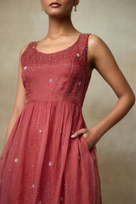 SHASHA GABA_Wine Silk Organza Embroidery, Sequins Round Neck And Floral Work Dress _Online_at_Aza_Fashions