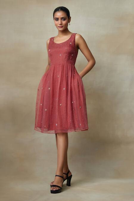 Buy_SHASHA GABA_Wine Silk Organza Embroidery, Sequins Round Neck And Floral Work Dress _Online_at_Aza_Fashions