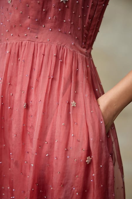 Shop_SHASHA GABA_Wine Silk Organza Embroidery, Sequins Round Neck And Floral Work Dress _Online_at_Aza_Fashions