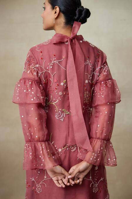 Buy_SHASHA GABA_Wine Silk Organza Embroidery, Sequins, Beads High Layered Frill Sleeve Dress _Online_at_Aza_Fashions