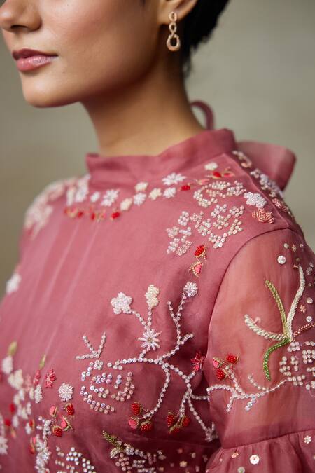 SHASHA GABA_Wine Silk Organza Embroidery, Sequins, Beads High Layered Frill Sleeve Dress _at_Aza_Fashions