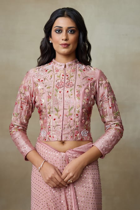 SHASHA GABA_Pink Chanderi, Georgette, Satin Sequins, Embroidery V-neck Floral Saree Set _Online_at_Aza_Fashions