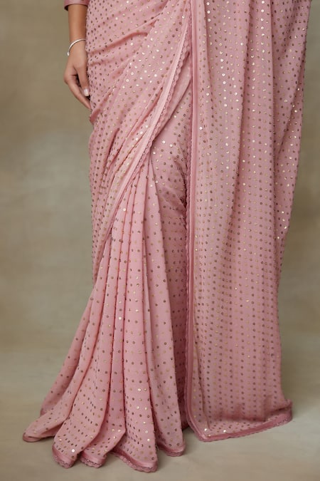 Buy_SHASHA GABA_Pink Chanderi, Georgette, Satin Sequins, Embroidery V-neck Floral Saree Set _Online_at_Aza_Fashions