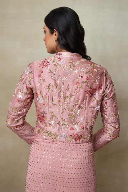 Shop_SHASHA GABA_Pink Chanderi, Georgette, Satin Sequins, Embroidery V-neck Floral Saree Set _Online_at_Aza_Fashions