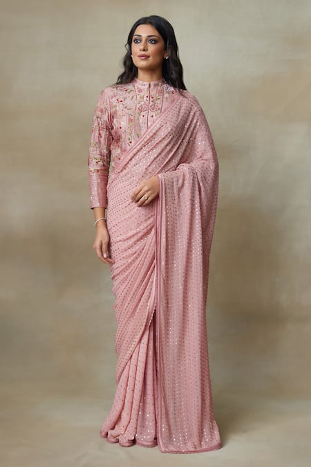 SHASHA GABA_Pink Chanderi, Georgette, Satin Sequins, Embroidery V-neck Floral Saree Set _at_Aza_Fashions