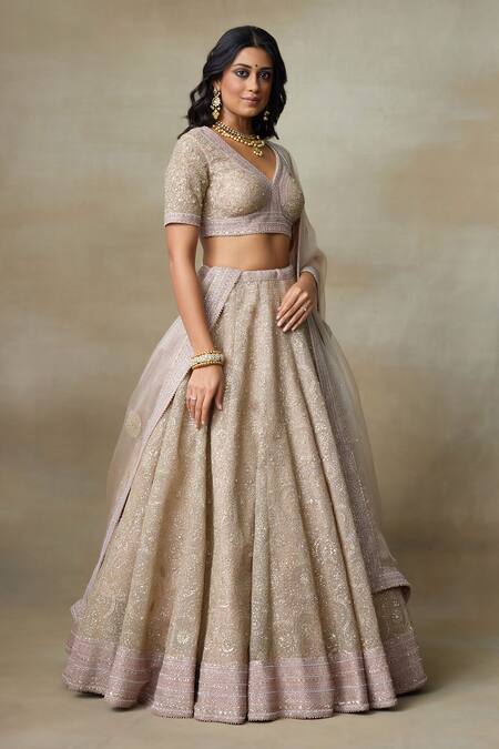 SHASHA GABA_Beige Chanderi, Silk Organza, Cotton Mandala Embroidered Bridal Lehenga Set _Online_at_Aza_Fashions