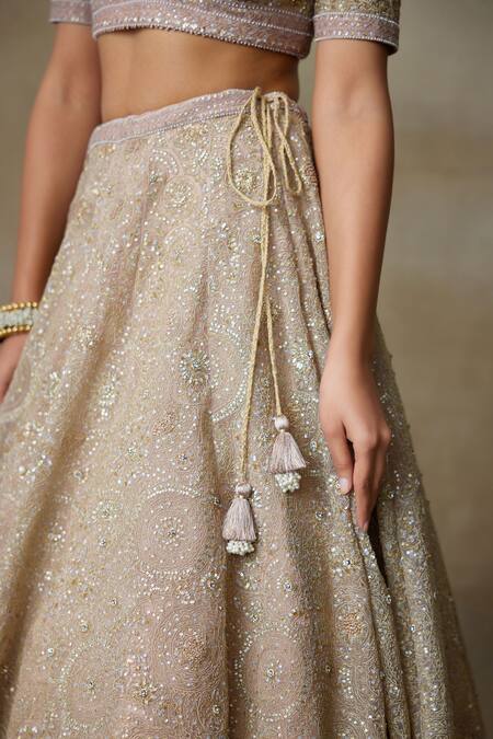 Buy_SHASHA GABA_Beige Chanderi, Silk Organza, Cotton Mandala Embroidered Bridal Lehenga Set _Online_at_Aza_Fashions