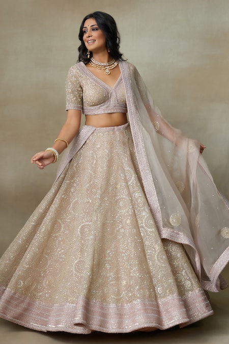 Shop_SHASHA GABA_Beige Chanderi, Silk Organza, Cotton Mandala Embroidered Bridal Lehenga Set _Online_at_Aza_Fashions