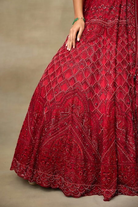 SHASHA GABA Red Silk Organza, Canvas Stones, Embroidery, Swarovski Bridal Lehenga Set Online at Aza Fashions SHASHA GABA_Red Silk Organza, Canvas Stones, Embroidery, Swarovski Bridal Lehenga Set _Online_at_Aza_Fashions