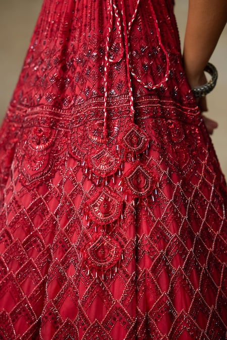 Shop SHASHA GABA Red Silk Organza, Canvas Stones, Embroidery, Swarovski Bridal Lehenga Set Online at Aza Fashions Shop_SHASHA GABA_Red Silk Organza, Canvas Stones, Embroidery, Swarovski Bridal Lehenga Set _Online_at_Aza_Fashions
