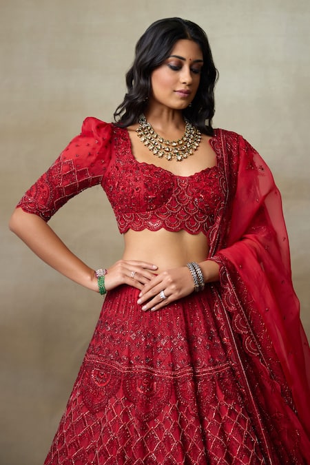 Shop SHASHA GABA Red Silk Organza, Canvas Stones, Embroidery, Swarovski Bridal Lehenga Set Shop_SHASHA GABA_Red Silk Organza, Canvas Stones, Embroidery, Swarovski Bridal Lehenga Set