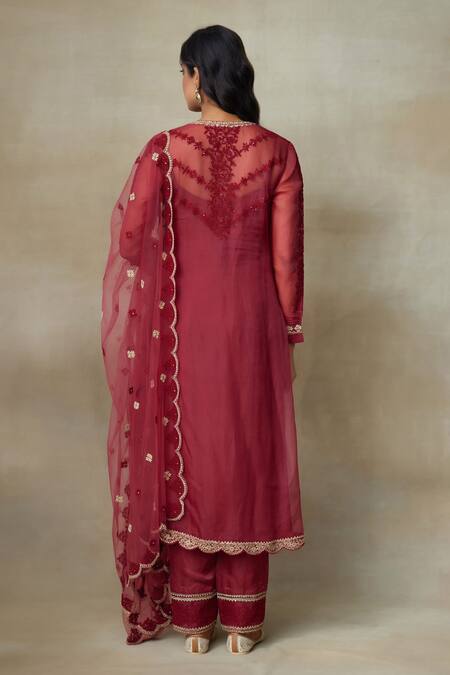 Shop_SHASHA GABA_Maroon Crepe, Silk Organza, Satin Sequins, Floral Thread Kurta Pant Set _at_Aza_Fashions