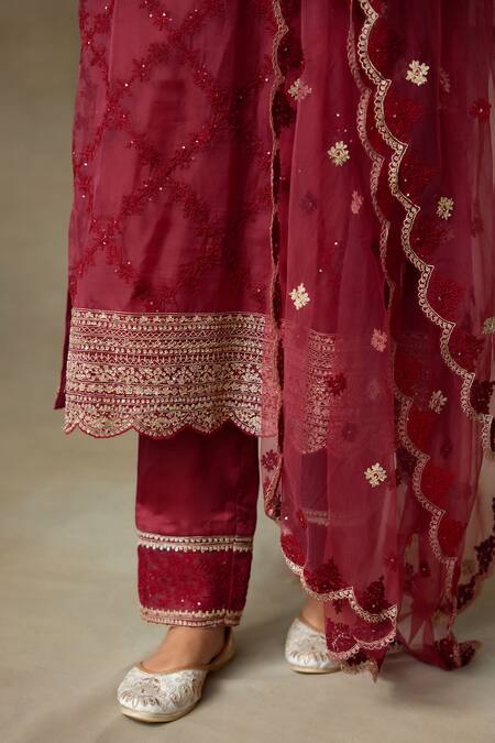 SHASHA GABA_Maroon Crepe, Silk Organza, Satin Sequins, Floral Thread Kurta Pant Set _Online_at_Aza_Fashions