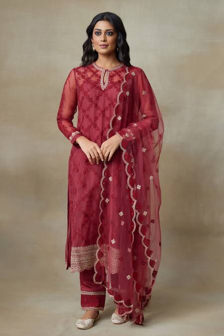 Buy_SHASHA GABA_Maroon Crepe, Silk Organza, Satin Sequins, Floral Thread Kurta Pant Set _Online_at_Aza_Fashions